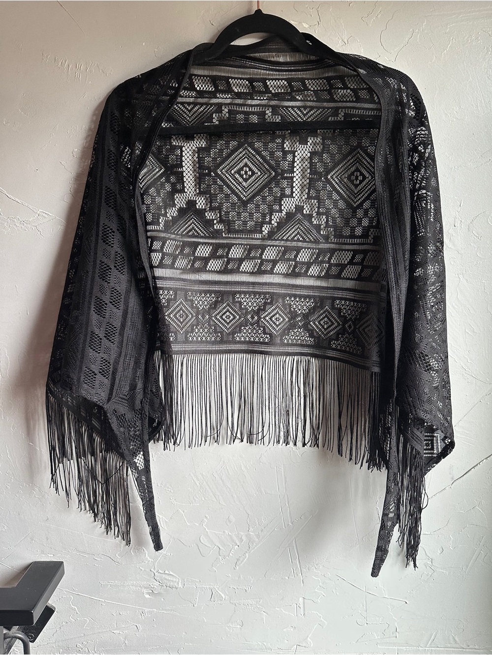 Black Geometric Lace Fringe Wrap Shawl Sheer Boho Goth Festival Skirt 50x25